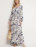 m&d fashion Rochie Albastră Vâscoză cu Imprimeu Abstract cu Elastic în Talie și Decolteu în V Arpio