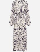 m&d fashion Rochie Albastră Vâscoză cu Imprimeu Abstract cu Elastic în Talie și Decolteu în V Arpio