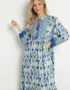 m&d fashion Rochie Albastru-Verde cu croi evazat cu legătură cu franjuri cu model etnic Ridalea