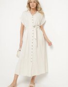 m&d fashion Rochie bej deschis din bumbac cu croială cămașă cu curea legată Elanitiela