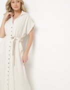 m&d fashion Rochie bej deschis din bumbac cu croială cămașă cu curea legată Elanitiela
