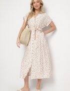 m&d fashion Rochie Bej deschis Din bumbac Cu imprimeu floral Stil cămașă Cu curea de legat Amondra