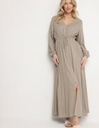 m&d fashion Rochie Bej Evazată cu In și Viscoză Decorată cu Nasturi Maitiella