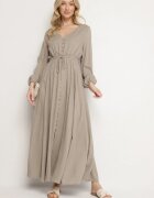 m&d fashion Rochie Bej Evazată cu In și Viscoză Decorată cu Nasturi Maitiella