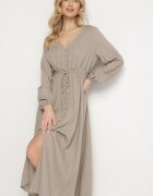 m&d fashion Rochie Bej Evazată cu In și Viscoză Decorată cu Nasturi Maitiella
