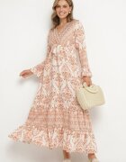 m&d fashion Rochie Bej Evazată din Vâscoză cu Volane și cu Model Etnic Koririane