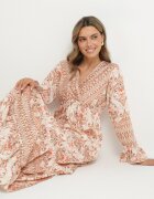 m&d fashion Rochie Bej Evazată din Vâscoză cu Volane și cu Model Etnic Koririane