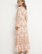 m&d fashion Rochie Bej Evazată din Vâscoză cu Volane și cu Model Etnic Koririane