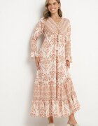 m&d fashion Rochie Bej Evazată din Vâscoză cu Volane și cu Model Etnic Koririane