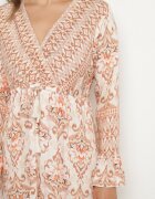 m&d fashion Rochie Bej Evazată din Vâscoză cu Volane și cu Model Etnic Koririane