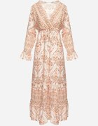 m&d fashion Rochie Bej Evazată din Vâscoză cu Volane și cu Model Etnic Koririane