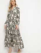 m&d fashion Rochie bej-gri cu vâscoză cu croi evazat cu motiv floral Edionilira