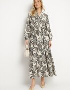 m&d fashion Rochie bej-gri cu vâscoză cu croi evazat cu motiv floral Edionilira