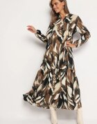 m&d fashion Rochie Bej-Maro Cloș cu Imprimeu Abstract și cu Bust Tip Cămașă Analow
