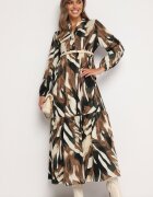 m&d fashion Rochie Bej-Maro Cloș cu Imprimeu Abstract și cu Bust Tip Cămașă Analow