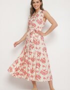 m&d fashion Rochie Bej-Roz Vâscoză cu Imprimeu Abstract cu Curea Rinoriela