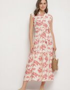 m&d fashion Rochie Bej-Roz Vâscoză cu Imprimeu Abstract cu Curea Rinoriela