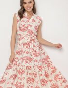 m&d fashion Rochie Bej-Roz Vâscoză cu Imprimeu Abstract cu Curea Rinoriela