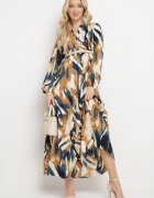 m&d fashion Rochie Bej și Verde Cloș cu Imprimeu Abstract cu bust camisă Analow