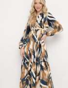 m&d fashion Rochie Bej și Verde Cloș cu Imprimeu Abstract cu bust camisă Analow