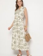 m&d fashion Rochie Bej-Verde din viscoză cu imprimeu abstract cu centură Rinoriela