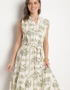 m&d fashion Rochie Bej-Verde din viscoză cu imprimeu abstract cu centură Rinoriela