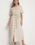 m&d fashion Rochie Cămașă Bej cu curea din material textil din in și viscoză Werilene