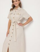 m&d fashion Rochie Cămașă Bej cu curea din material textil din in și viscoză Werilene