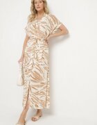 m&d fashion Rochie Cămașă Bej deschis din Bumbac cu Imprimeu Zebră cu Centură Legată Melotia