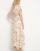 m&d fashion Rochie Cămașă Bej deschis din Bumbac cu Imprimeu Zebră cu Centură Legată Melotia