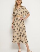m&d fashion Rochie Cămașă Bej din Viscoză Decorată cu Broderie cu Curea Elastică Liovira