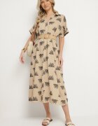 m&d fashion Rochie Cămașă Bej din Viscoză Decorată cu Broderie cu Curea Elastică Liovira