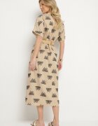 m&d fashion Rochie Cămașă Bej din Viscoză Decorată cu Broderie cu Curea Elastică Liovira