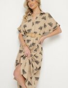 m&d fashion Rochie Cămașă Bej din Viscoză Decorată cu Broderie cu Curea Elastică Liovira