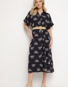 m&d fashion Rochie Cămășă Bleumarin din Viscoză Decorată cu Broderie cu Curea Elastică Liovira