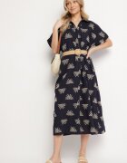 m&d fashion Rochie Cămășă Bleumarin din Viscoză Decorată cu Broderie cu Curea Elastică Liovira