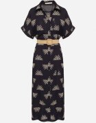 m&d fashion Rochie Cămășă Bleumarin din Viscoză Decorată cu Broderie cu Curea Elastică Liovira