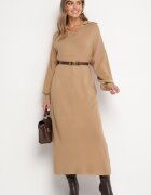 m&d fashion Rochie Ciemnobej tip pulover cu croială dreaptă din Viscoză cu mâneci late și guler Rinfera