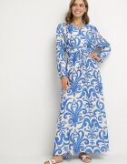 m&d fashion Rochie Cloș Albastră din Vâscoză cu șnur cu Imprimeu Abstract Ridimarelle