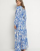 m&d fashion Rochie Cloș Albastră din Vâscoză cu șnur cu Imprimeu Abstract Ridimarelle