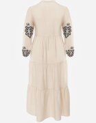 m&d fashion Rochie cu motiv floral brodată cu șnur în talie decorată cu paiete Callochis Bej
