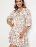 m&d fashion Rochie din vâscoză bej cu model etnic croi evazat cu cordon Nalpio