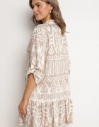 m&d fashion Rochie din vâscoză bej cu model etnic croi evazat cu cordon Nalpio