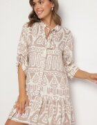 m&d fashion Rochie din vâscoză bej cu model etnic croi evazat cu cordon Nalpio