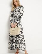 m&d fashion Rochie Evazată Neagră din Viscoză cu croi tip cămașă cu Imprimeu Floral Ridisiana