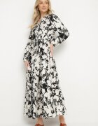 m&d fashion Rochie Evazată Neagră din Viscoză cu croi tip cămașă cu Imprimeu Floral Ridisiana