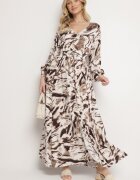 m&d fashion Rochie Maro din Viscoză cu Imprimeu Abstract cu Elastic în Talie și Decolteu în V Arpio