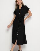 m&d fashion Rochie Neagră din Bumbac cu Croială Tip Cămașă cu Cordon Legat Elanitiela