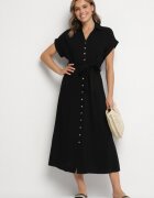 m&d fashion Rochie Neagră din Bumbac cu Croială Tip Cămașă cu Cordon Legat Elanitiela