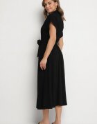 m&d fashion Rochie Neagră din Bumbac cu Croială Tip Cămașă cu Cordon Legat Elanitiela
